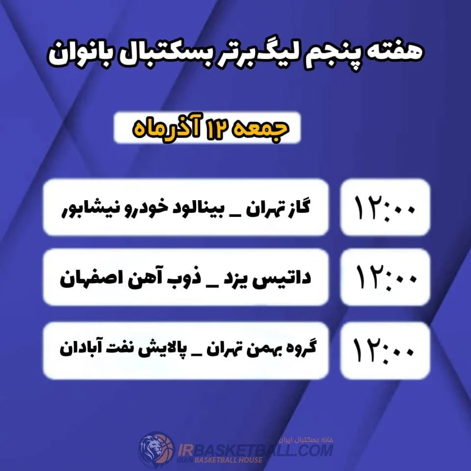 برنامه بازی های هفته پنجم لیگ برتر بسکتبال بانوان
